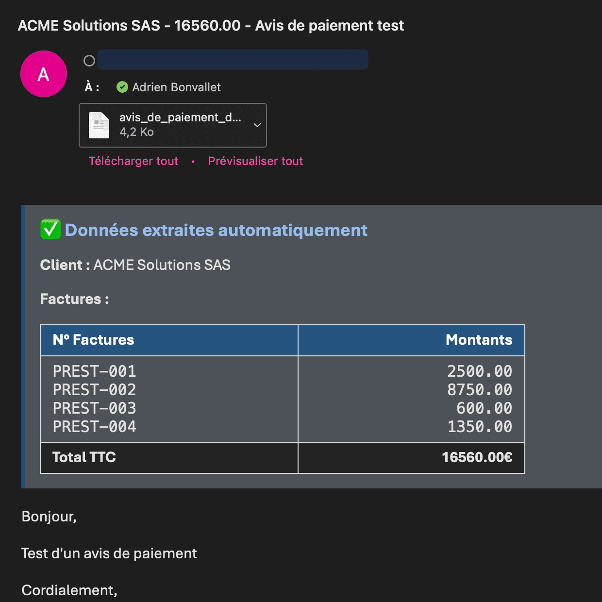 Automatisation des Avis de Paiement